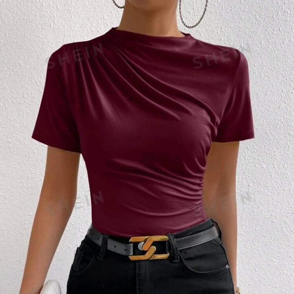 SHEIN Prive` Ruched Mock Neck Tee - Picture 5 of 7